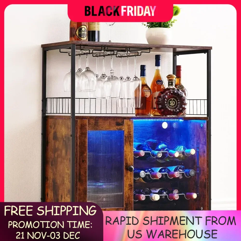 Wine Bar Cabinet with Led Lights & Removable Wine Racks with 3 Rows Glass Holder and Acrylic Door, Multifunctional Bar Cabinet