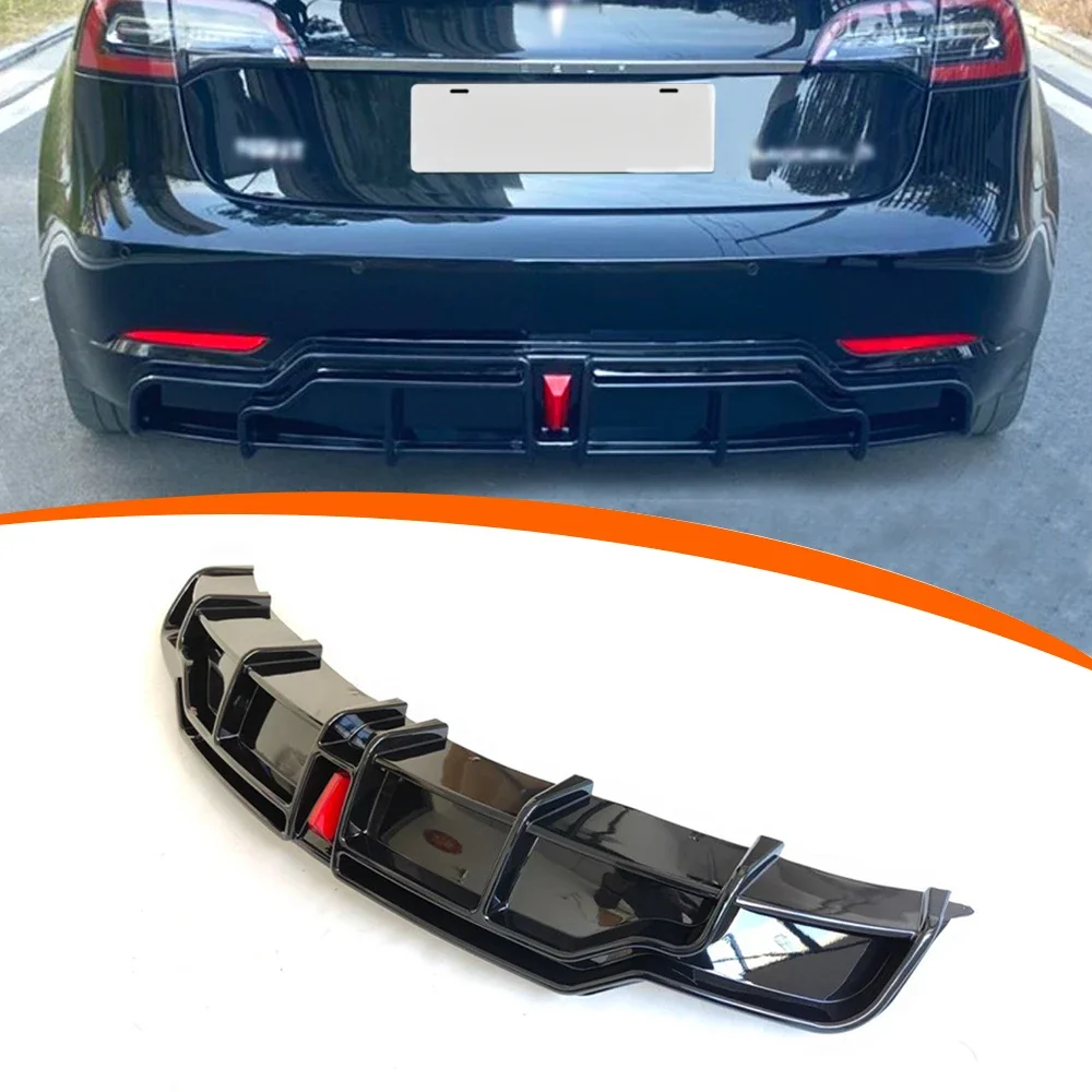 

For Tesla Model 3 High Quality Upgrade Carbon Fiber Pattern ABS PP Rear Diffuser Bumper With LED Body Kit For Tesla Model 3