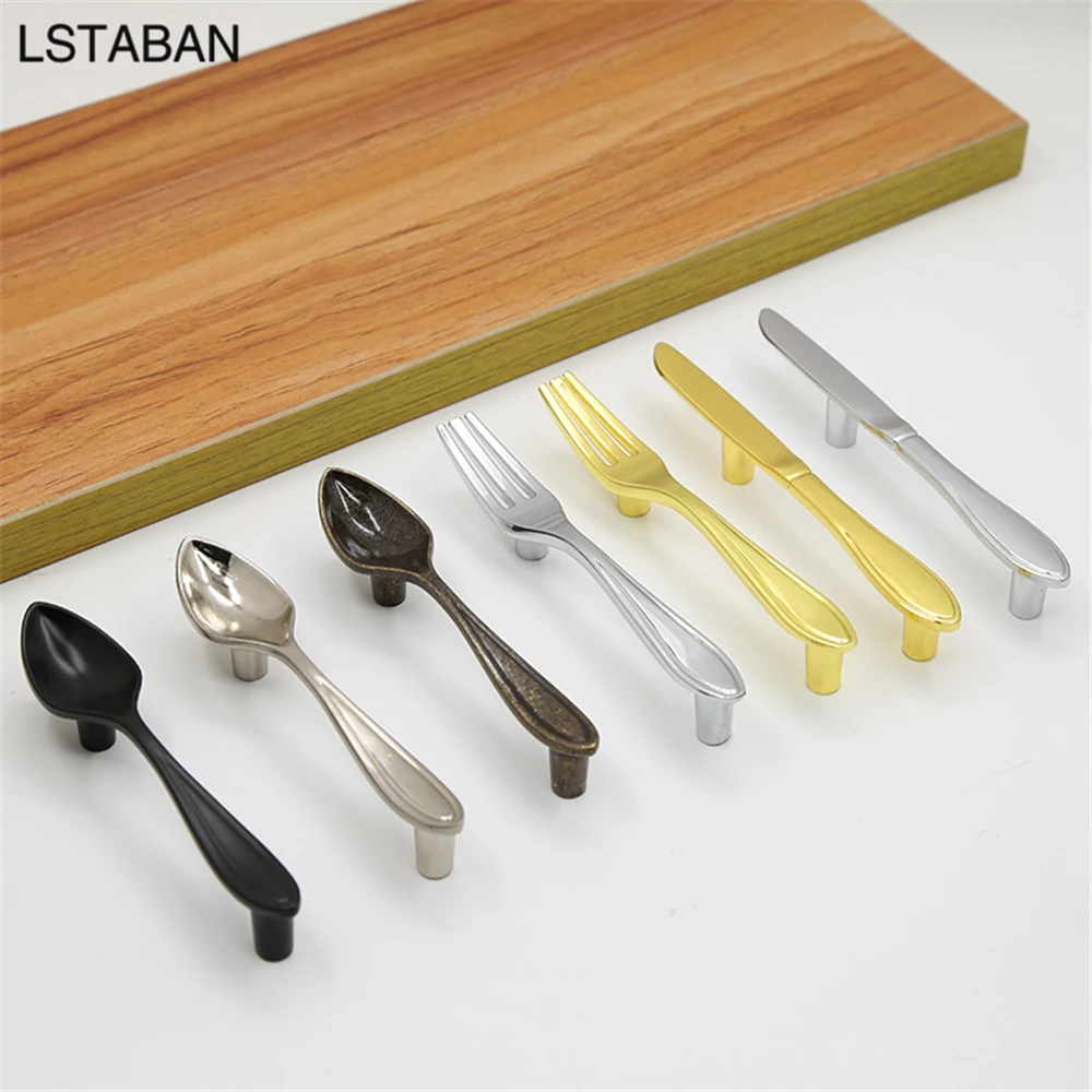 Zinc Alloy Knife Fork Spoon Design Creative Cabinet Handle Drawer Knobs Kitchen Handles Cupboard Cabinet Knob Furniture Hardware