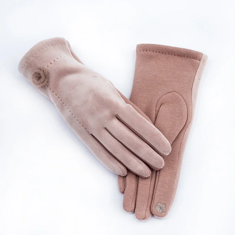 Women Autumn Winter Suede Leather Hairball Warm Driving Mitten Female Embroidery Flowers Touch Screen Sport Cycling Glove O94