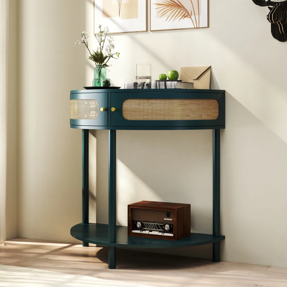 Unique Half Moon End Table: Sliding Rattan Door,2 Cabinets&Bottom Shelf-Green