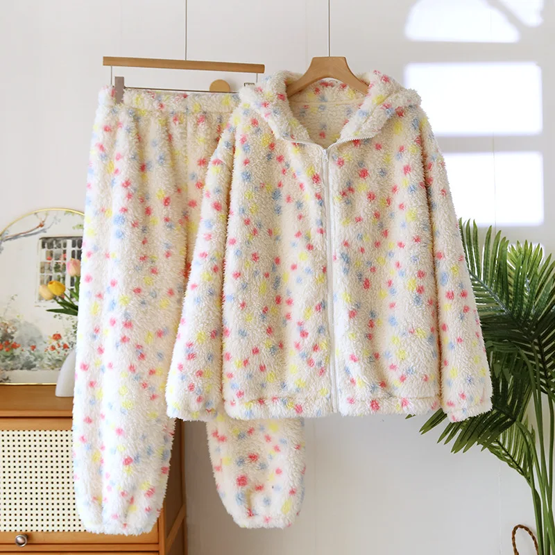 

Colorful Polka Dots Lambswool Homewear Suit Thick Loose Hooded Tops Warm Comfort Trousers Female Two Piece Pajamas Set