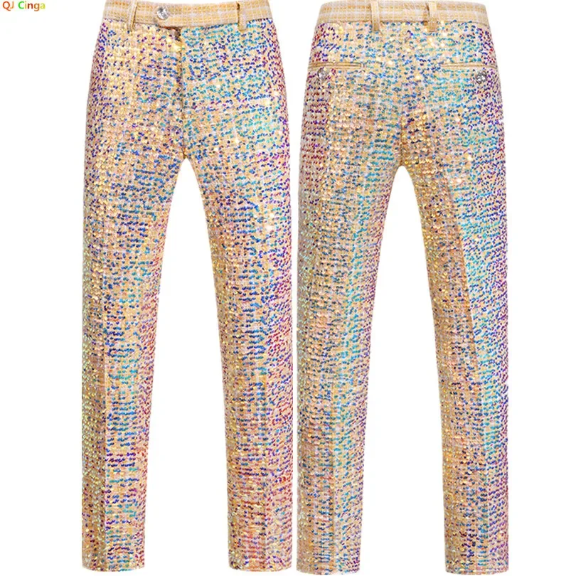 Gold Men's Shiny Sequin Suit Pants, Wedding Party Dress Trousers, Asian Sizes Slim Pant, Black Red Silver and Green Available.