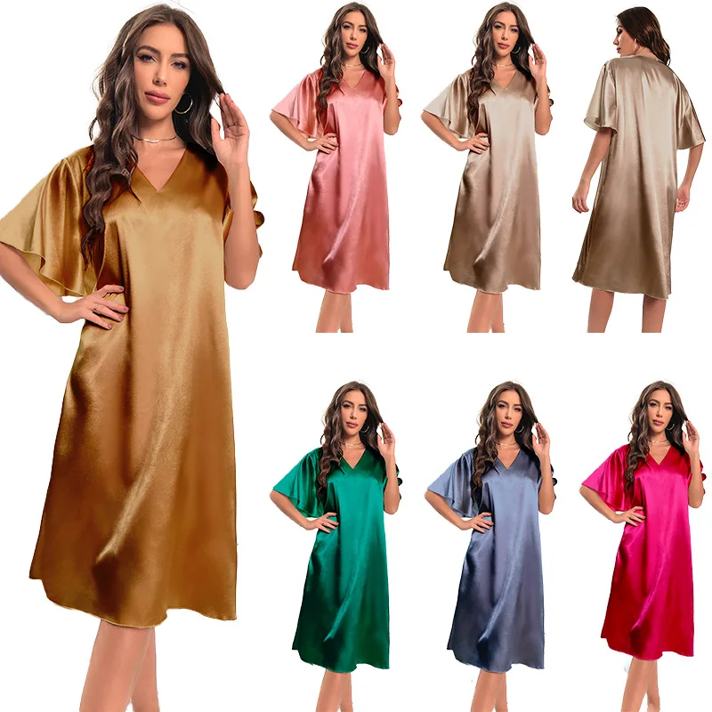 Amazon Large Size Ice Silk Pajamas Women's Summer Cool Feeling Thin Loungewear Long Women's Pajamas Comfortable and Breathable