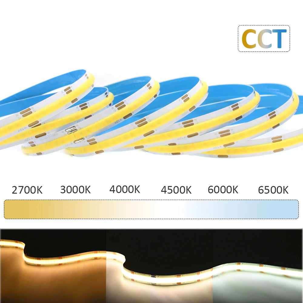 

CCT COB LED Strip Light 12V 24V Double Color Dual Colour High Density Linear Tape 2700K To 6500K CRI90 RA90 Dimmable Ribbon Rope