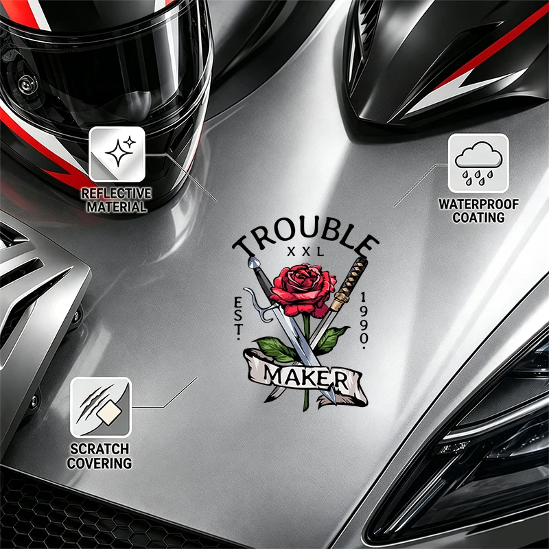 Trouble Maker Crossed Swords Rose Graphic Waterproof Sticker for Car Helmet Decor