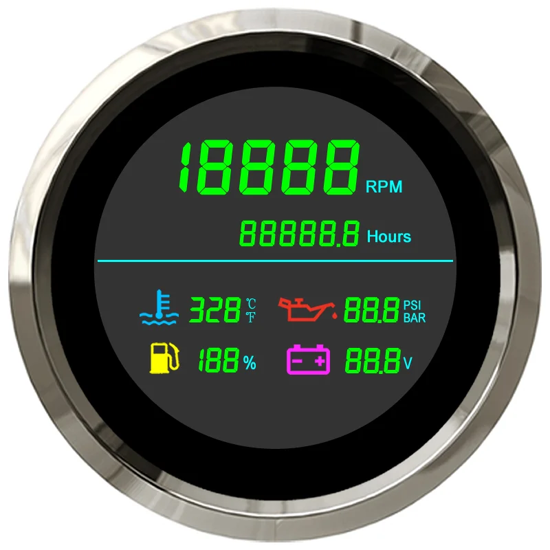 85mm LCD 6in1 Multi Function Gauge with Hour Meter Water Temperature Oil Pressure Fuel Gauge Tachometer Ratio Programmable