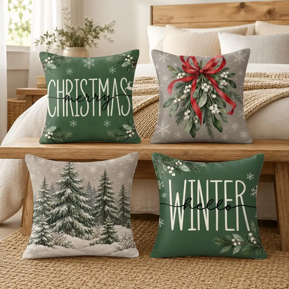 Merry Christmas Tree Hello Winter Green Cushion Cover Soft Short Plush Pillow Cases Hidden Zipper Cutecore Sofa Home Decor Gift