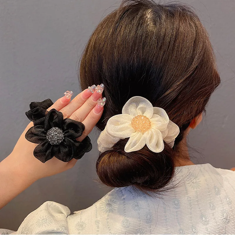 

Flower daisy hair rope net temperament rhinestone rubber band hair accessory high-end large intestine headband
