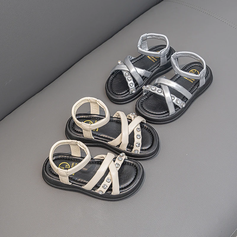 JGSHOWKITO Girls Sandals Slip-on Elastic Band Kids Gladiator Sandals for Medium Big Girls Princess Cross with Rhinestone Elegant