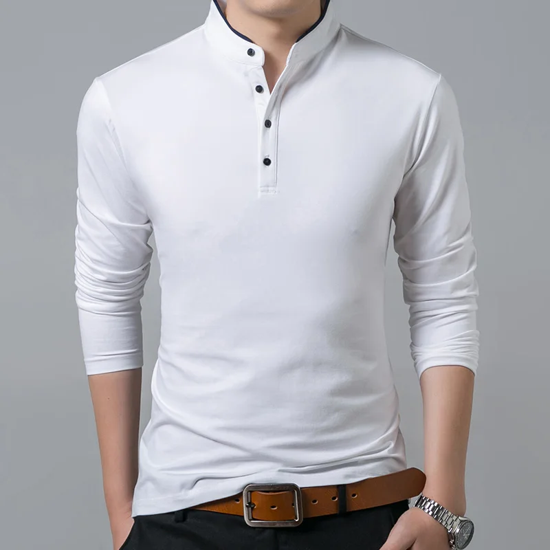 SHiONFA Herren-T-Shirts aus reiner Baumwolle, Stehkragen, langärmelig, bequemes Hemd, einreihig, weiches Obermaterial für Frühling und Herbst – Detail 3