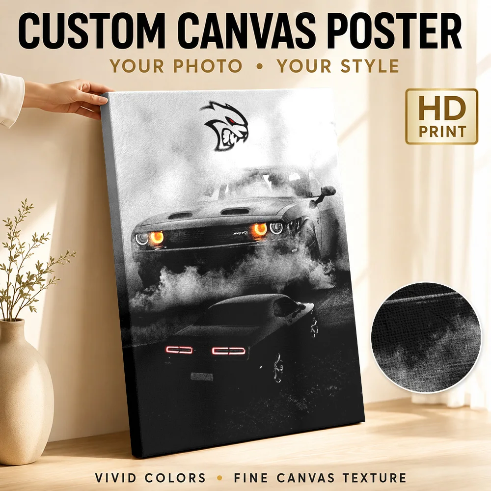 American Charger Challenger SRT Hellcat Black Muscle Cars Canvas Posters 3D Wall Art With Customized Photo For Office Ideal Gift