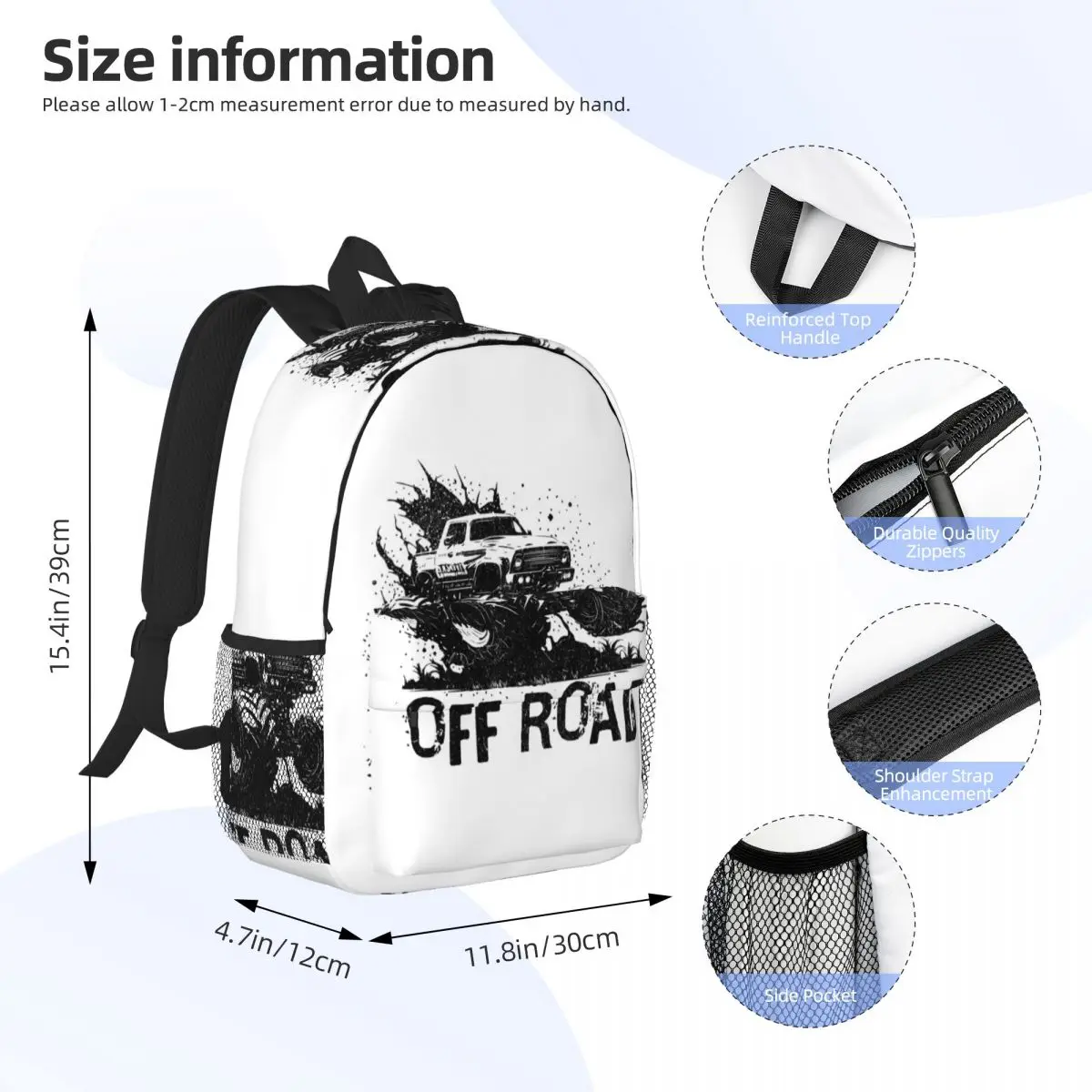 Cartoon Off Road Vehicle Pattern Backpack Daypack Large Capacity Boys Girls BookBag Shoulder Bags for Men Women Kids School Bag