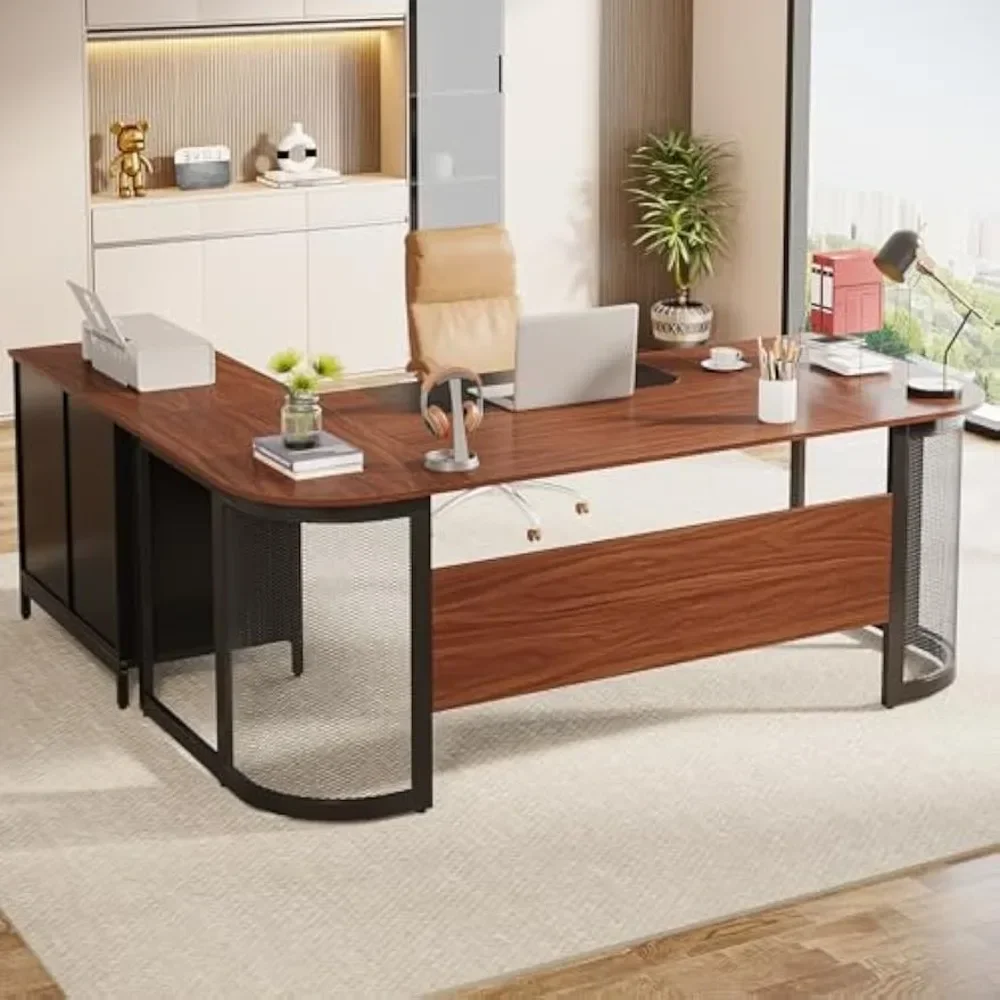 

63" Executive Desk with 31" File Cabinet, L-Shaped Office Desk with Drawer and Storage Shelves, Large Computer Desk