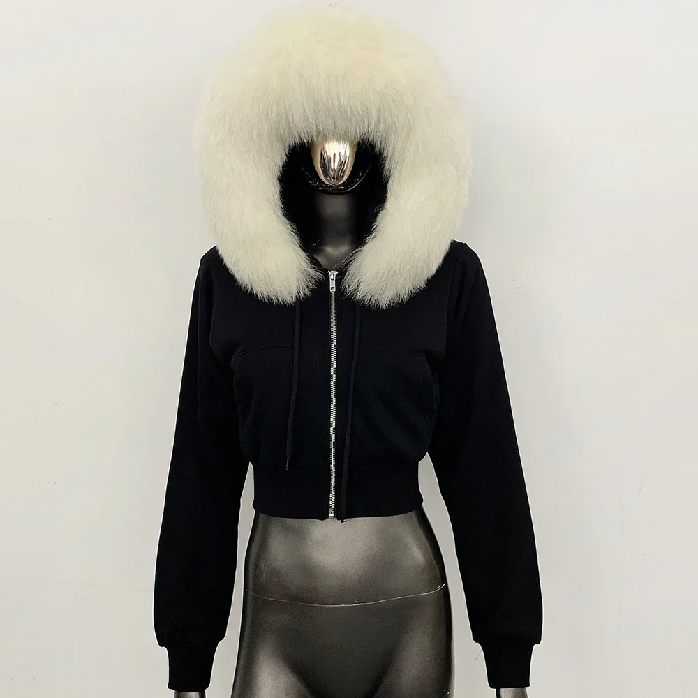 OFTBUY Lässige neue Winter-Oberbekleidung für Damen, echte Fuchspelz-Kapuzenjacke, kurze Jacke mit Reißverschluss und flauschigem Waschbärpelzbesatz. – Detail 21