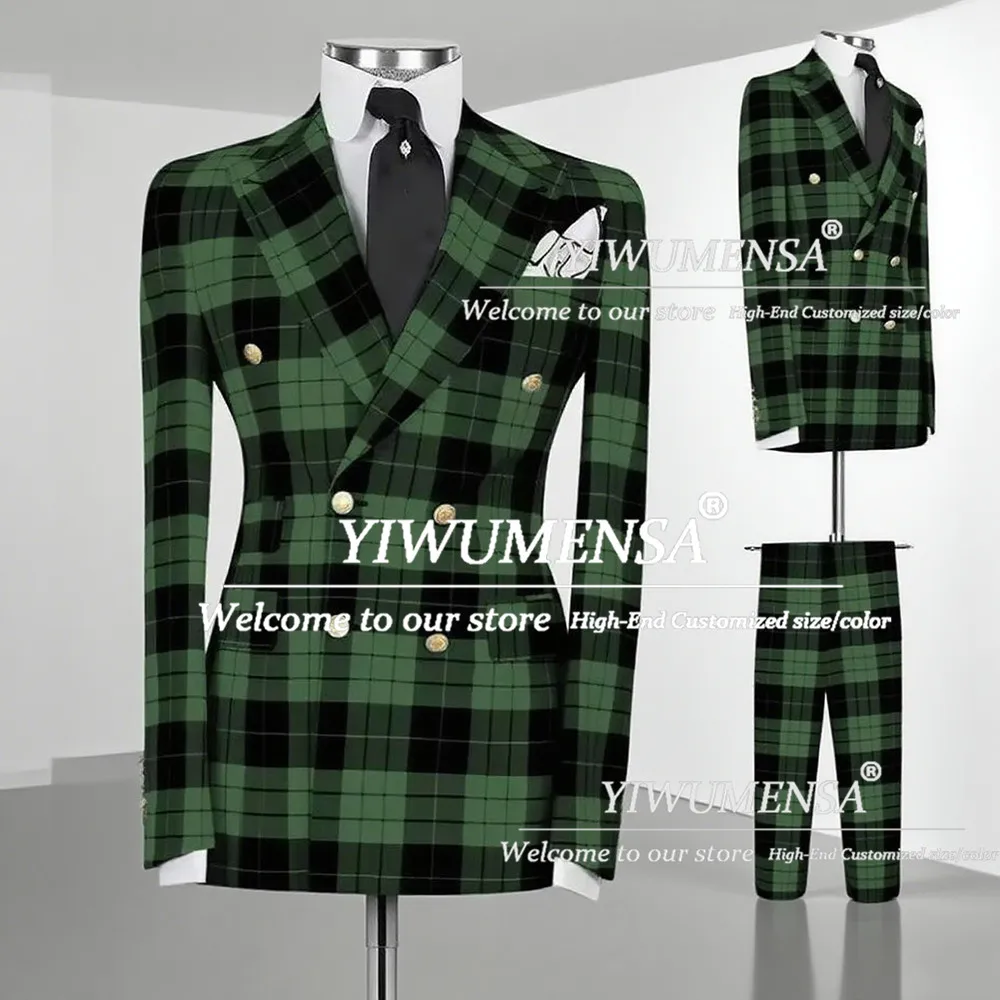 

Classic Plaid Check Wedding Suits For Men 2 Pieces Sets Double Breasted Jacket Pants Customized Groom Daily Party Tuxedso Skinny