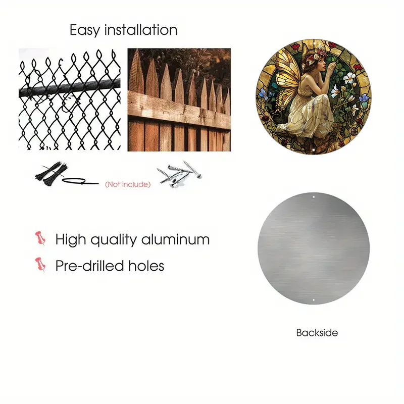 Aluminum Metal Sign Faux Stained Glass Circular Wreath Sign Apartment Decor Thanksgiving Day Gifts Spring Fairy Theme Decoration