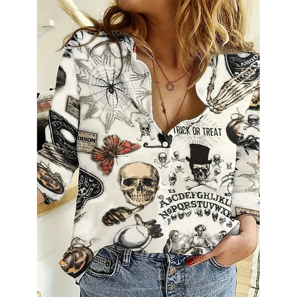 Gothic Casual Women\'s Long Sleeve Shirts Turn Down Collar Hemp Fiber Blouse Skulls Graphics Clothing Loose Female Fashion Tops