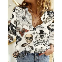 Gothic Casual Women's Long Sleeve Shirts Turn Down Collar Hemp Fiber Blouse Skulls Graphics Clothing Loose Female Fashion Tops