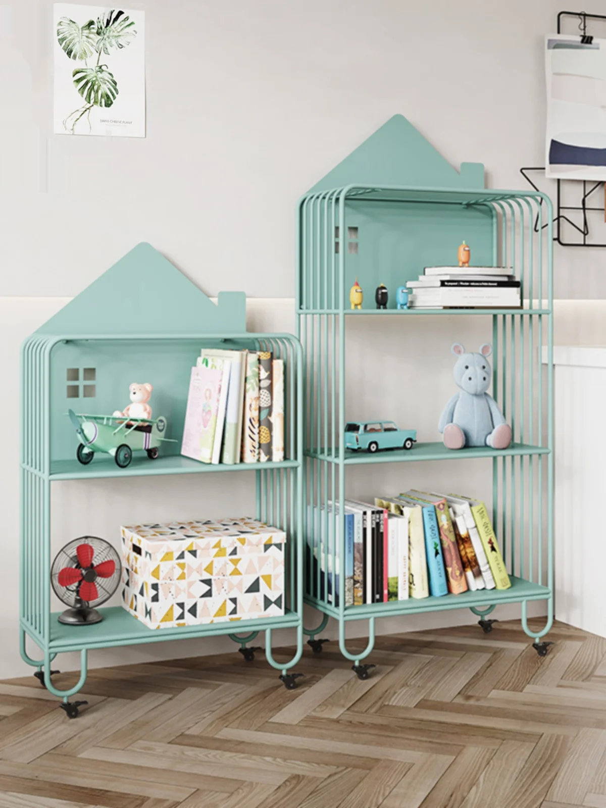 Movable wrought iron children's bookshelf picture book rack floor-to-floor book rack bedside bay window storage locker