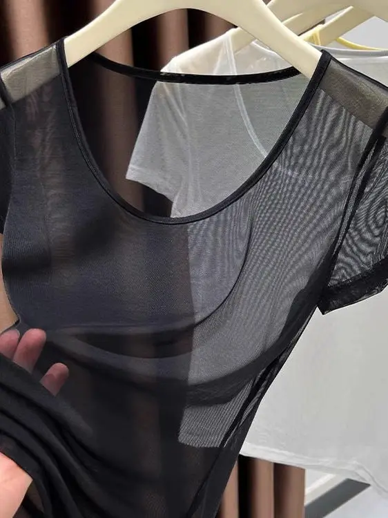 

Черная сетчатая футболка с коротким рукавом, женская летняя прозрачная блузка с широким круглым вырезом, сексуальный топ для девушек, высококачественная укороченная футболка
