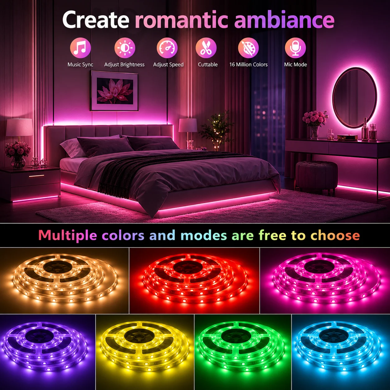 RGB Led Strip Lights 1-20M Led Room Light with 44Key Remote APP Control Flexible Ribbon Luces Led Tape for Room Bedroom Decorati