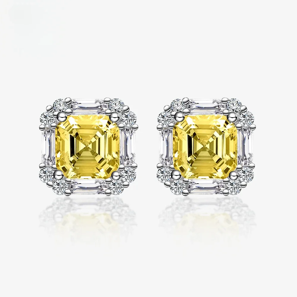 7 * 7 Yellow Diamond 925 Pure Silver Upright Chamfered High Carbon Diamond Earrings From Europe and America Cross Border Amazon