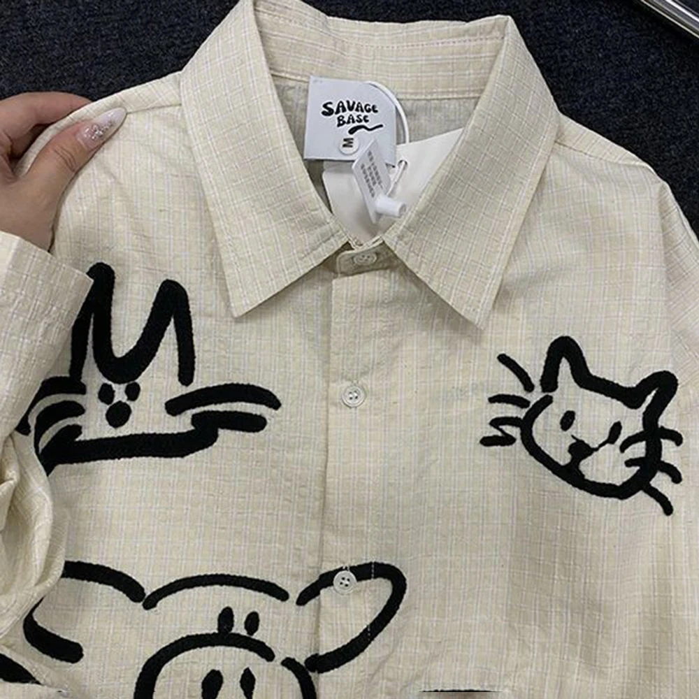 

Мужская рубашка, индивидуальная клетчатая рубашка с принтом кошки и собаки, летняя уличная одежда, модный повседневный топ с короткими рукавами для пар, мужская одежда, новинка 2023 г.