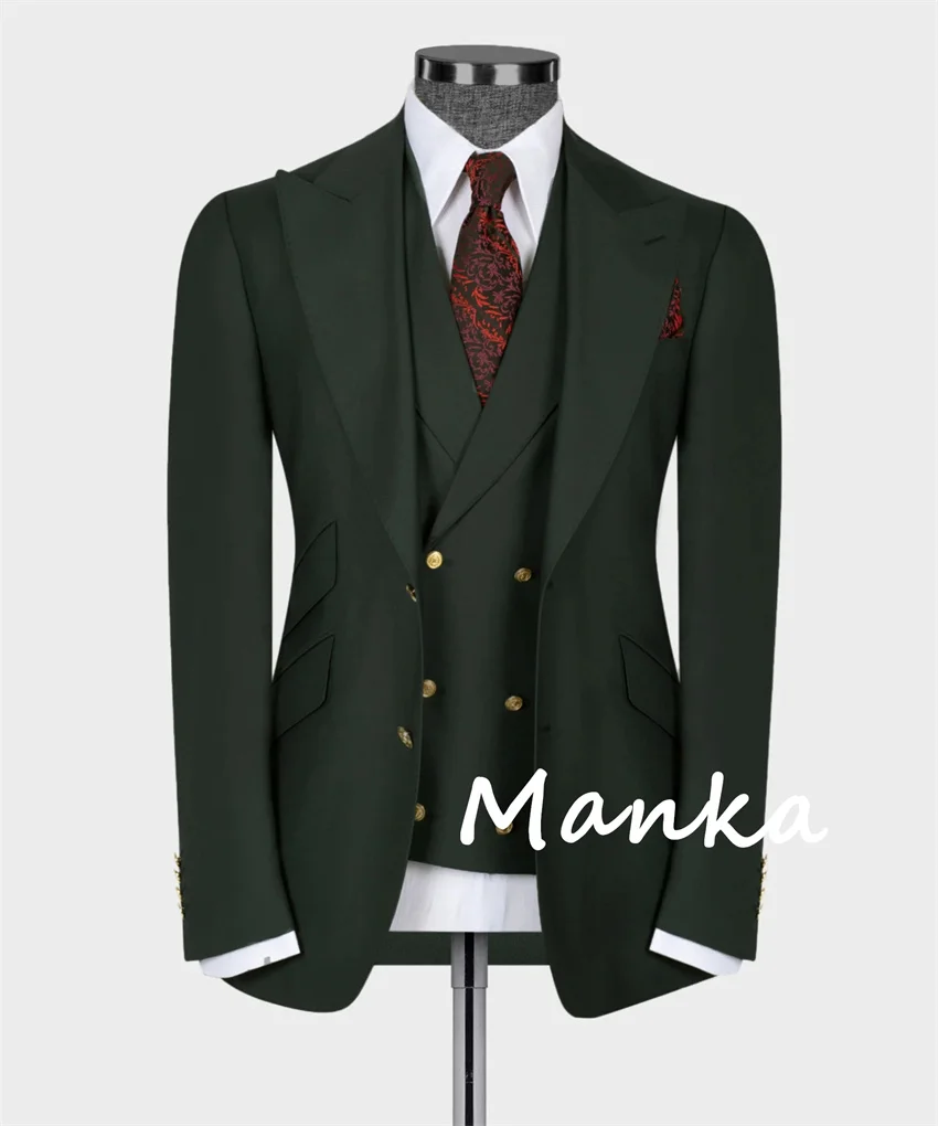 Darkest Green Men's Suits for Wedding Groom Wear Slim Fit 3PCS Blazer Vest Pants Formal Business Office Party Male Suit