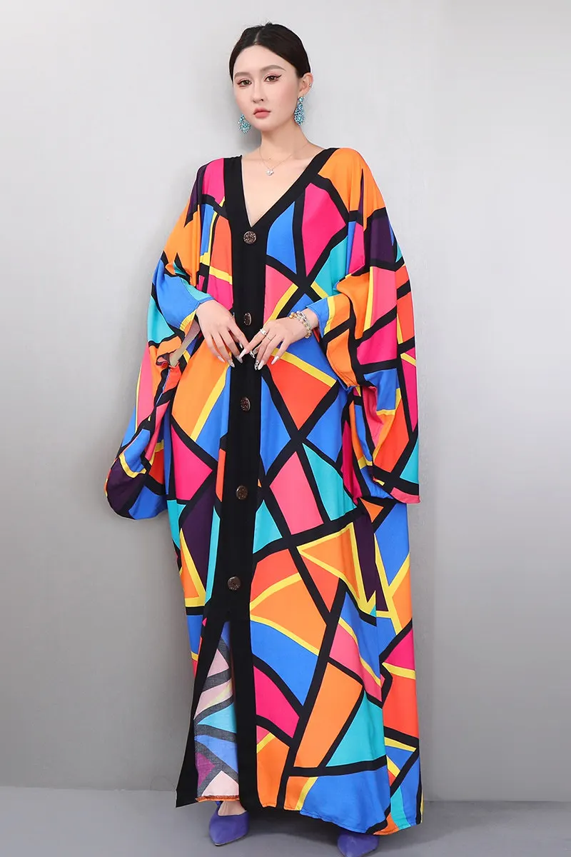 

Весеннее элегантное свободное платье с геометрическим принтом и V-образным вырезом, длинное, повседневное, с рукавами «летучая мышь», оптом, J2161