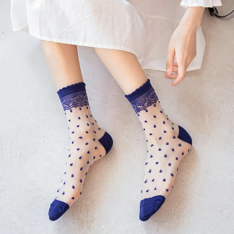 Polka Dot Crystal Silk Socks Summer Ultra-thin Transparent Lace Socks Heart Print Japanese Kawaii Girls Cute Frilly Women Socks