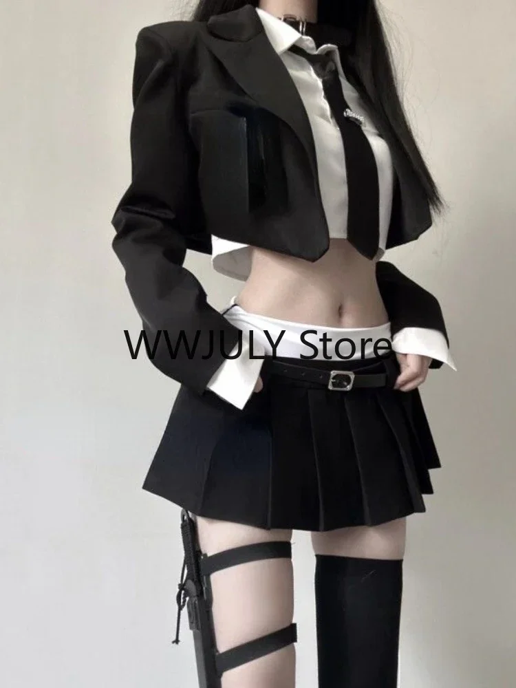 2024 Vintage 3 Piece Set Skirt Woman Black Short Blazers + Casual Shirt + Slim Mini Skirt Party Korean Fashion Suit Female Chic