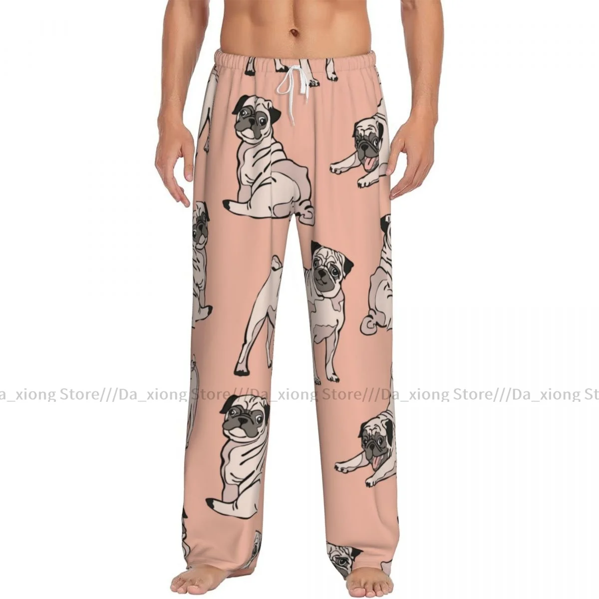 Men's Sleepwear Loose Sleep Pants Pajamas Cute Pug Dogs Pink Long Lounge Bottoms Casual Homewear