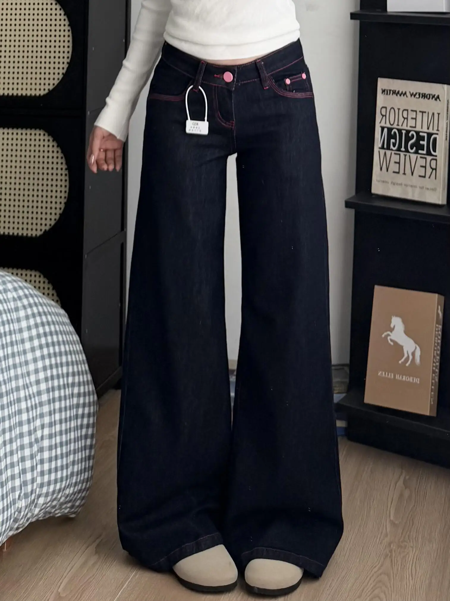 

Y2K Dark Blue Jeans Women American Retro Low Waist Wide Leg Spring Loose Versatile Straight Leg Pants