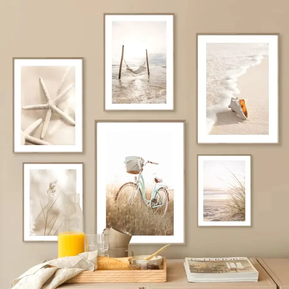 البيج شاطئ نجم البحر قذيفة ريد الرسم على لوحات القماش الجدارية الشمال الملصقات والمطبوعات غرفة نوم غرفة المعيشة ديكور المنزل الصورة #1