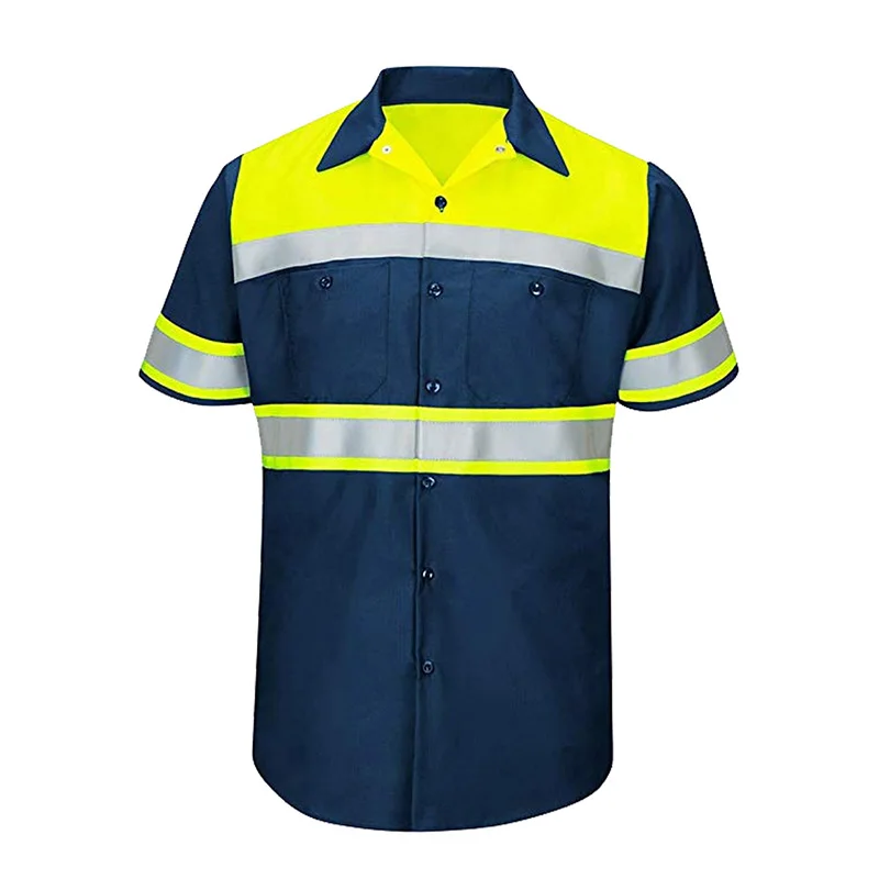 100% Cotton Shirt Short Sleeve Button Up Men with Reflective Stripes Construction Shirt Workwear Two Tone