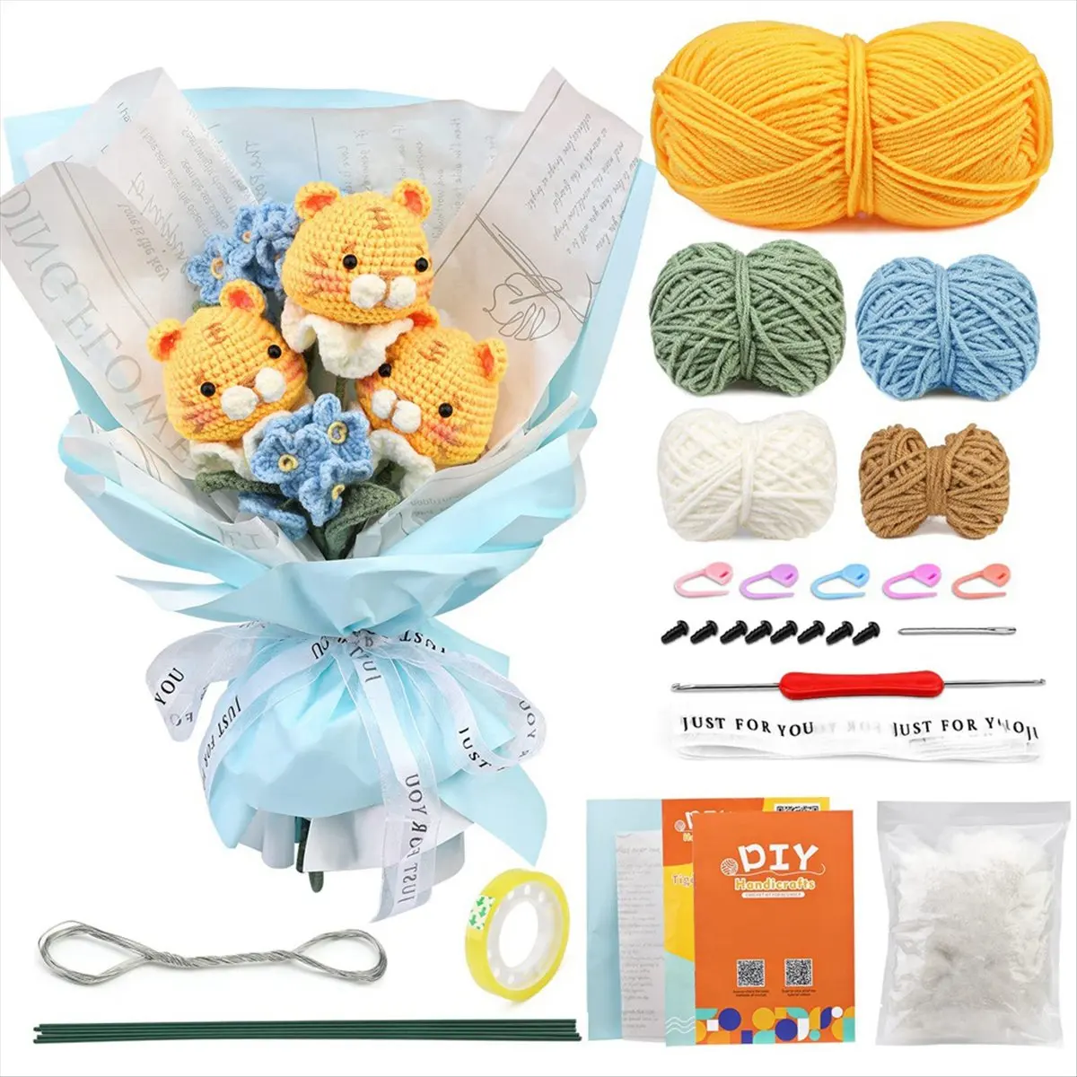 ABCD Crochet Kit for Beginners,Crochet Tigers Bouquet Kit,Crochet Beginner Kits with Yarn with Detailed Tutorials and Videos