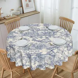 Round Fitted Toile De Jouy Patterns Table Cloth Waterproof Tablecloth 60 inch Table Cover for Kitchen Dinning