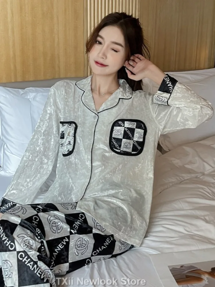 TXii Newlook Autumn Winter New Fashion Gold Velvet Pajamas Women's Set Korean Velvet Trousers Home Clothes V-neck High-end Sense