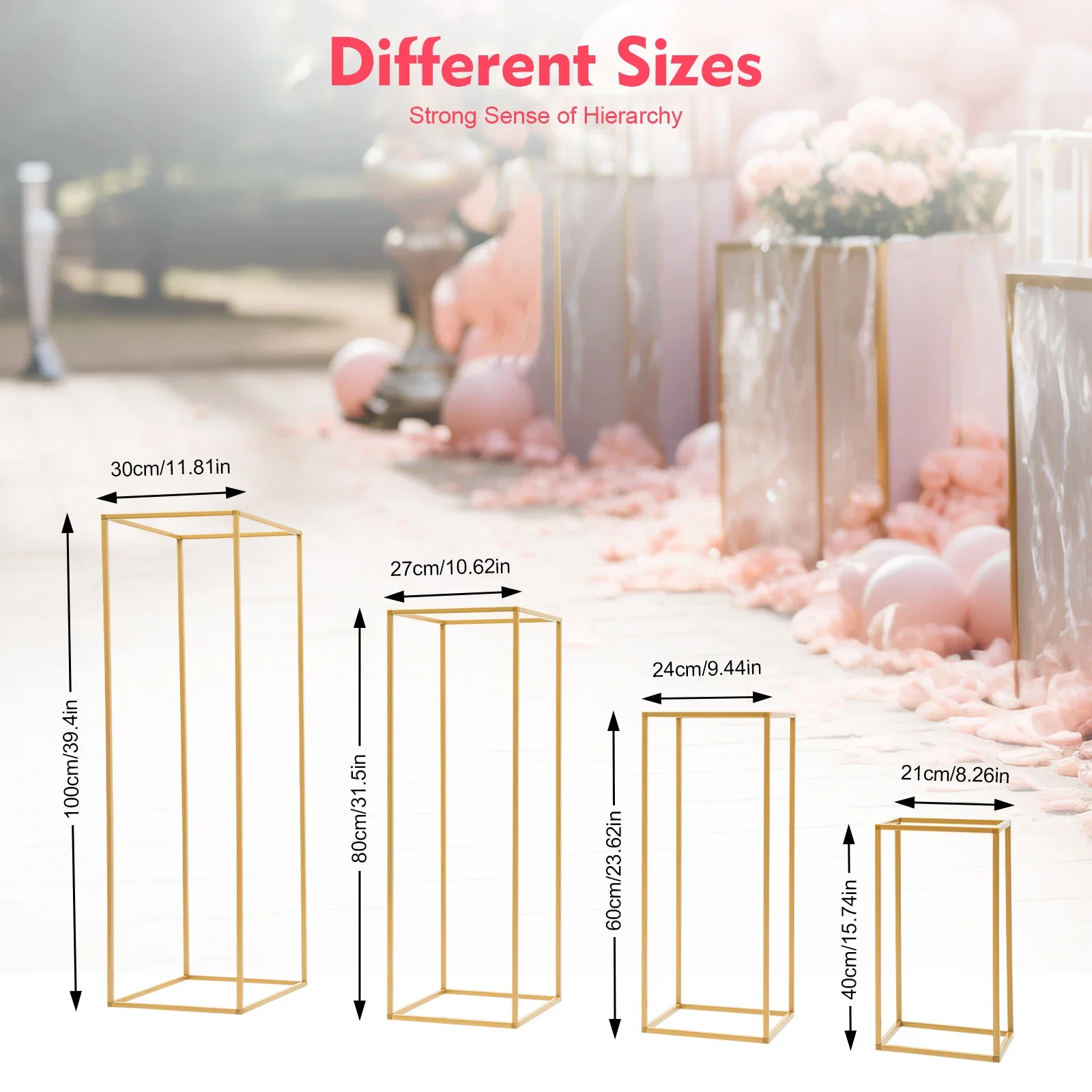 4Pcs Wedding Flower Stand Set, Gold Metal Column Rack Floor Geometric Display Stand Wedding Centerpieces Party Prop Decor Holder