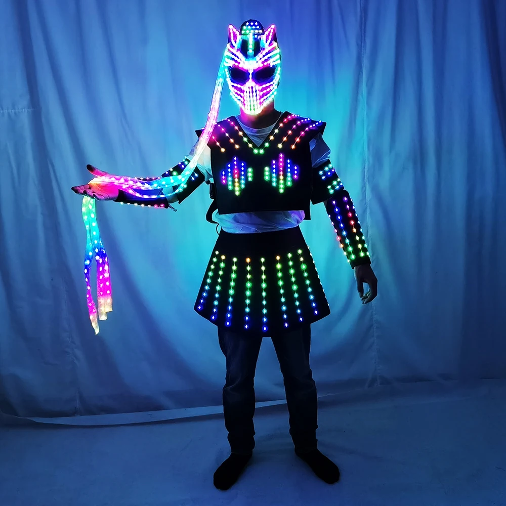 Full Color Women\'s LED Robot Suit Costume Traje LED Lights Luminous Skirt Dress Jacket Performance Wear Helmet