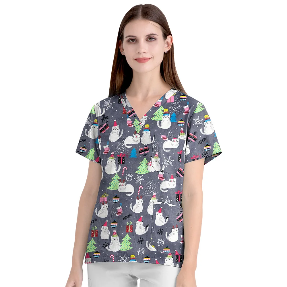 

Print Medical Tops Scrubs Shirt Hospital Dental Clinic Workwear Clothes Nurses Accessories Scrubs Set Tops Surgical Tops