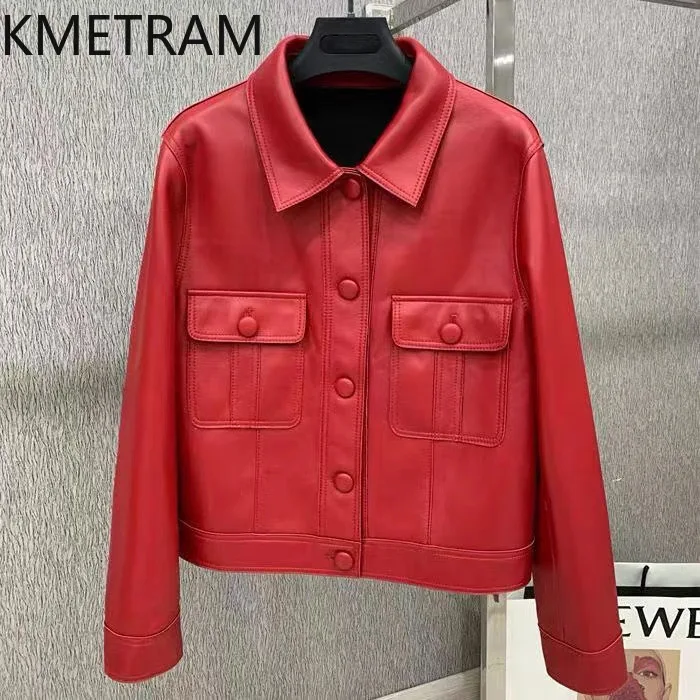 100% سترة جلد الغنم الحقيقي امرأة دراجة نارية قصيرة حقيقية سترات من الجلد المرأة الجديدة في ملابس خارجية الخريف الملابس 2025 Chaquetas