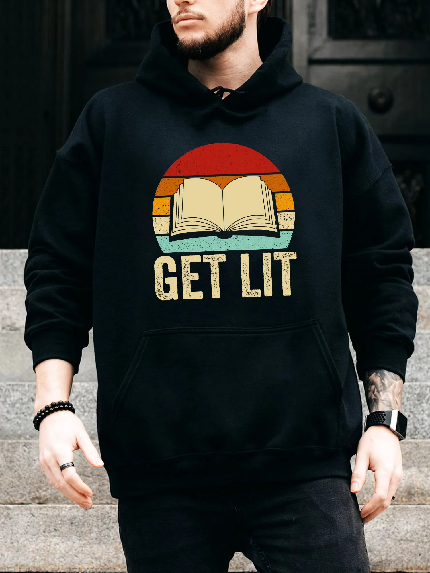 

Мужская толстовка с завязками Get Lit with Books — повседневный удобный черный пуловер, осенне-зимняя толстовка с капюшоном