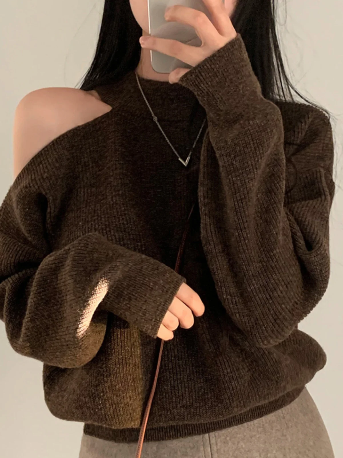 Suéter de Punto Retro Chic, Hombros Descubiertos, Cuello Redondo, Hoado, Informal, Versátil, para Mujer, Otoño Invierno, Mo...