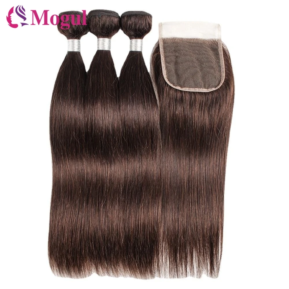 Brown Straight Human Hair 2/3 Bundles with Closure 4x4 Transparent Lace Free Part 10-24 inch Remy Human Hair Extension MOGULHAIR