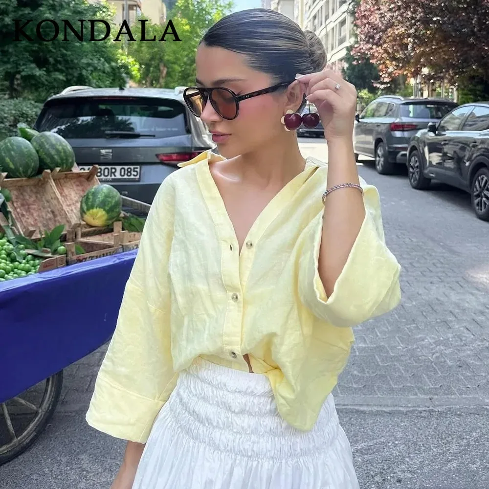 KONDALA2025 automne hiver décontracté mince femmes chemises mode beurre jaune solide ample simple boutonnage Chic élégant dames Cardigans