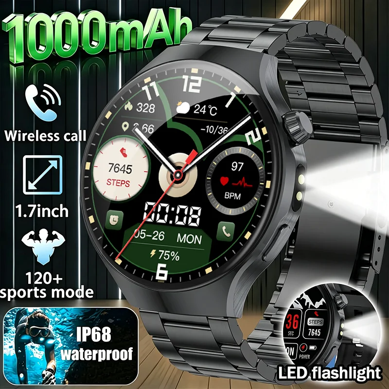 

LIGE New Health Smart Watch 1000mAh Smartwatch Men Heart Rate Bluetooth Call IP68 Waterproof LED Flashlight Men's Smart Watches