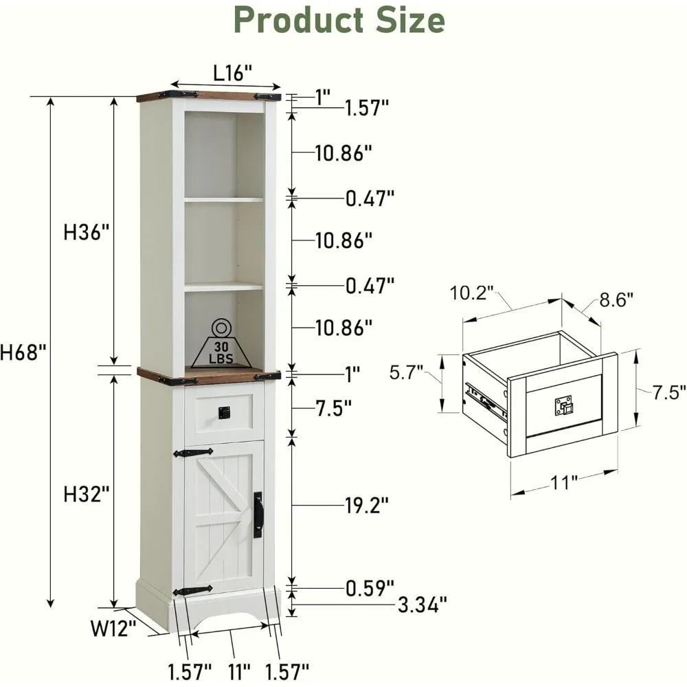 Bathroom Storage Cabinet, Farmhouse Storage Cabinet with Adjustable Shelves & Storage Drawer, Tall Linen Tower for Bathroom