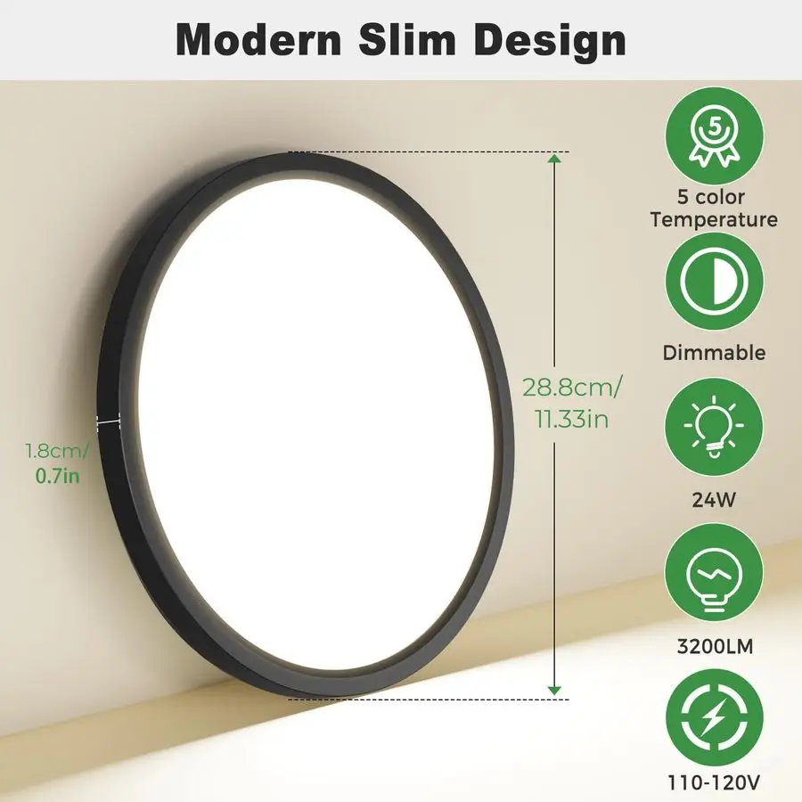 Luminária de Teto LED Embutida 4 Peças, 12 Polegadas 24W Regulável, 5 Temperaturas de Cor 3000K-6500K, Redonda Preta